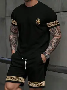 Men's Classic Fashion Casual Round Neck Printed T-Shirt and Shorts Set, Short Sleeve T-Shirt and Shorts Set, Crown Lion Pattern, Matching, Clothes, Summer Outfit Set