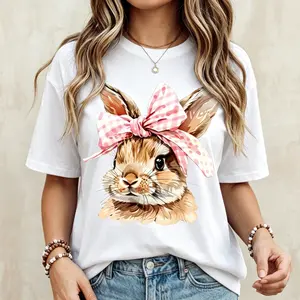 Cute Easter Bunny Graphic Tee, Pink Gingham Bow Women Crew Neck Short Sleeve T Shirt, Spring Rabbit Print Casual Top, Ideal Easter Holiday Daily Party Outfit