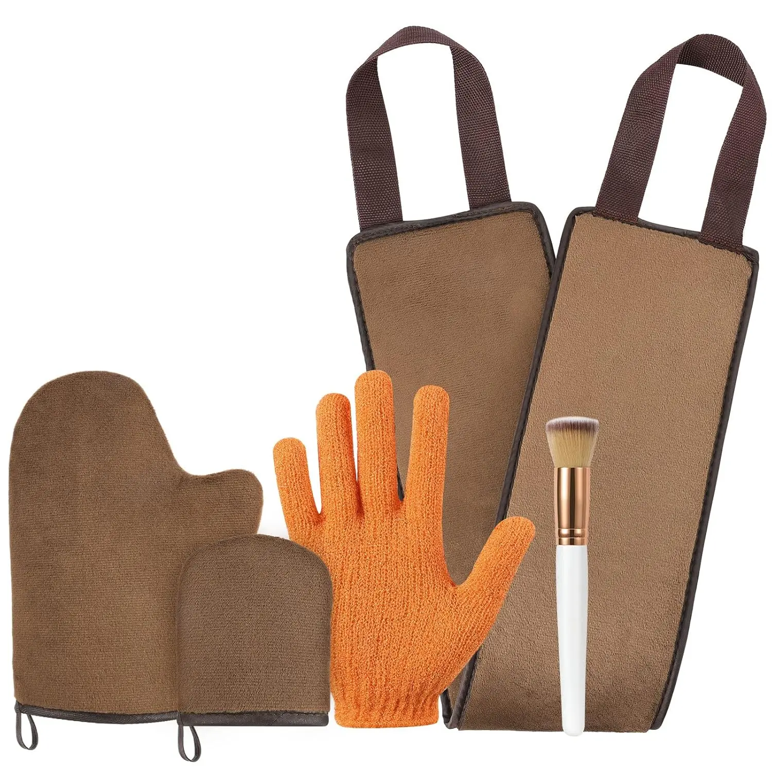 Unisex 5-Piece Reusable Self-Tanning Mitt Applicator Kit - Back Applicator, Face Brush, Exfoliating Glove, Detail Mitt for Toes & Fingers; Exfoliates, Softens Skin, Delivers Streak-Free, Flawless Bronze Tan, Smooth Finish Bath Accessory