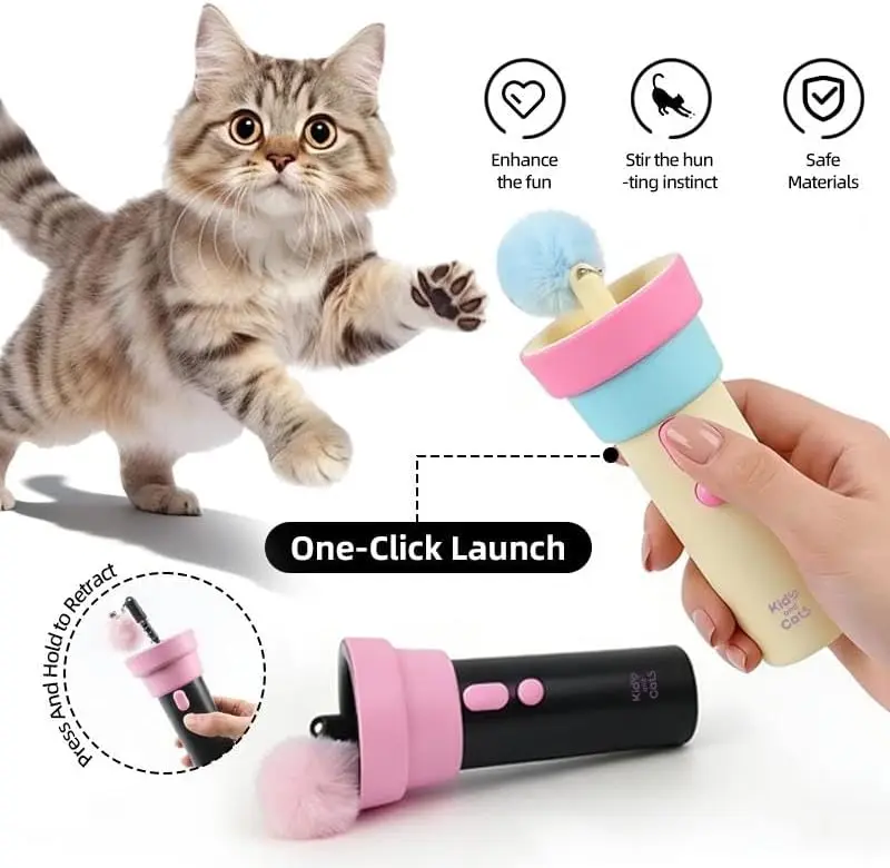 Automatic Flashlight-Shaped Electric Cat Teaser Launcher with Pom-Pom Plush Ball & Suction Cup, Portable Interactive Pet kitty Toy, Gift for Feline Enthusiasts, Cat Essential Accessory indoor wand kitten free play retractable rope cute toy wand