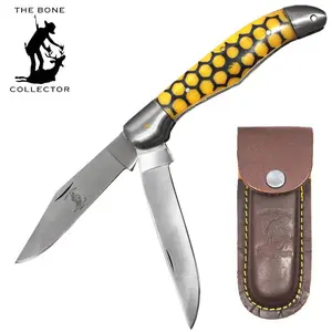 5" Yellow Honeycomb Bone Collector Pocket Knife, 2-Blade Resin Handle Folding Kitchen Knife with Leather Sheath, Pocket Knives