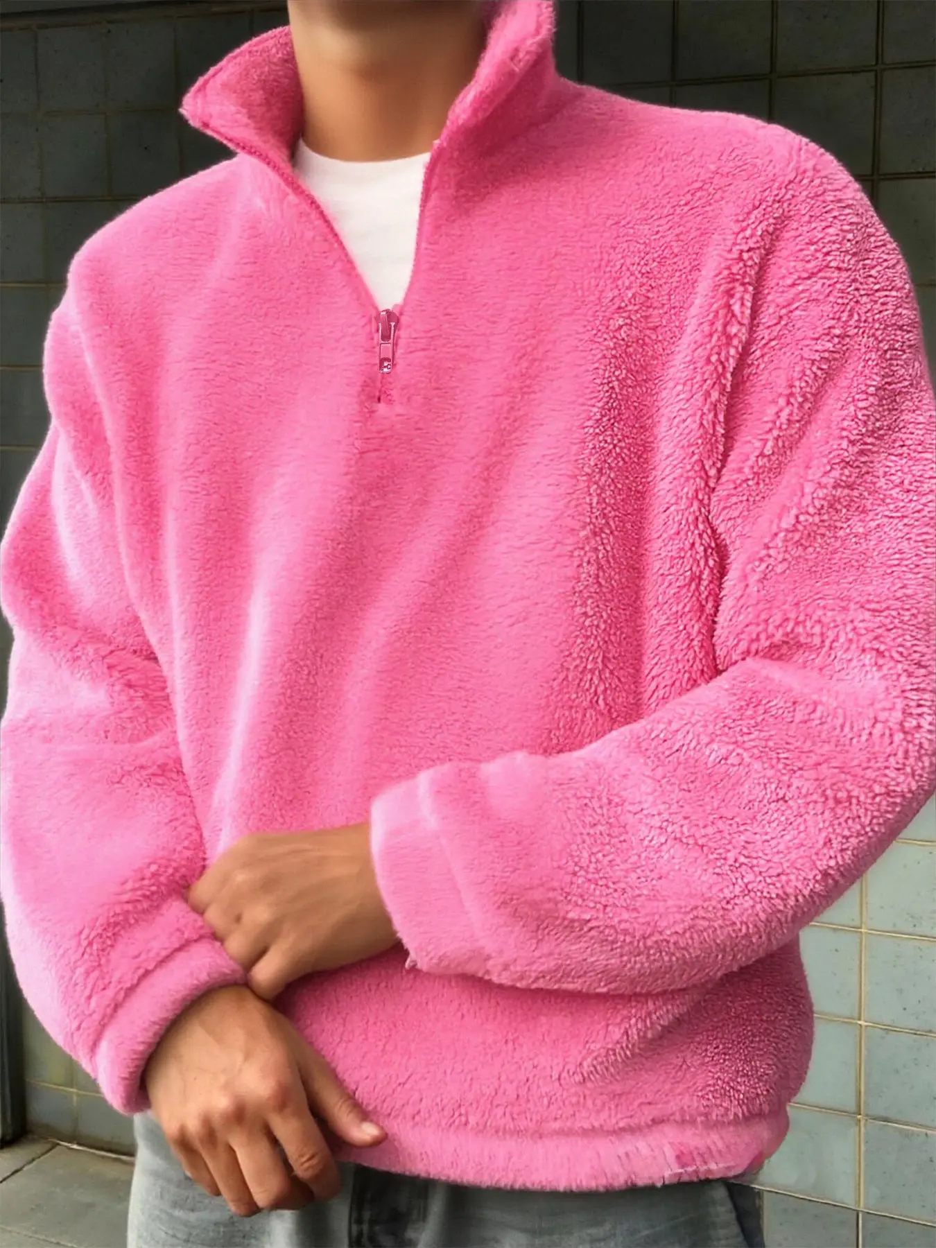 Unisex Plain Lamb Velvet Hoodie Jacket Sweatshirt, Casual Stand Collar Long Sleeve Outerwear for Fall Winter, Perfect Gift for Friends & Family