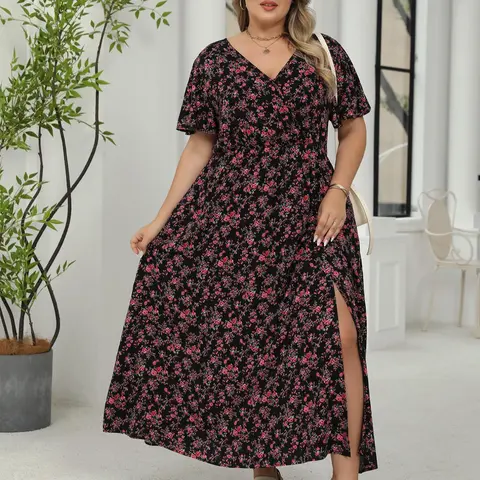 【Plus Size】 Ditsy Floral Print Wrap Split Thigh Dress, Boho Butterfly Sleeve V Neck A Line Dress for Beach Holiday Vacation, Women's Clothes for Summer, Bohemian Casual Dress