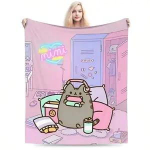 Pusheen Cat Flannel Plush Throw Blanket - Fine Stitching, Kawaii Look, Ultra-Soft ,Multi-Size, Perfect Gift for Anime Fans, Home Lounging & Office Nap Essential,summervibes