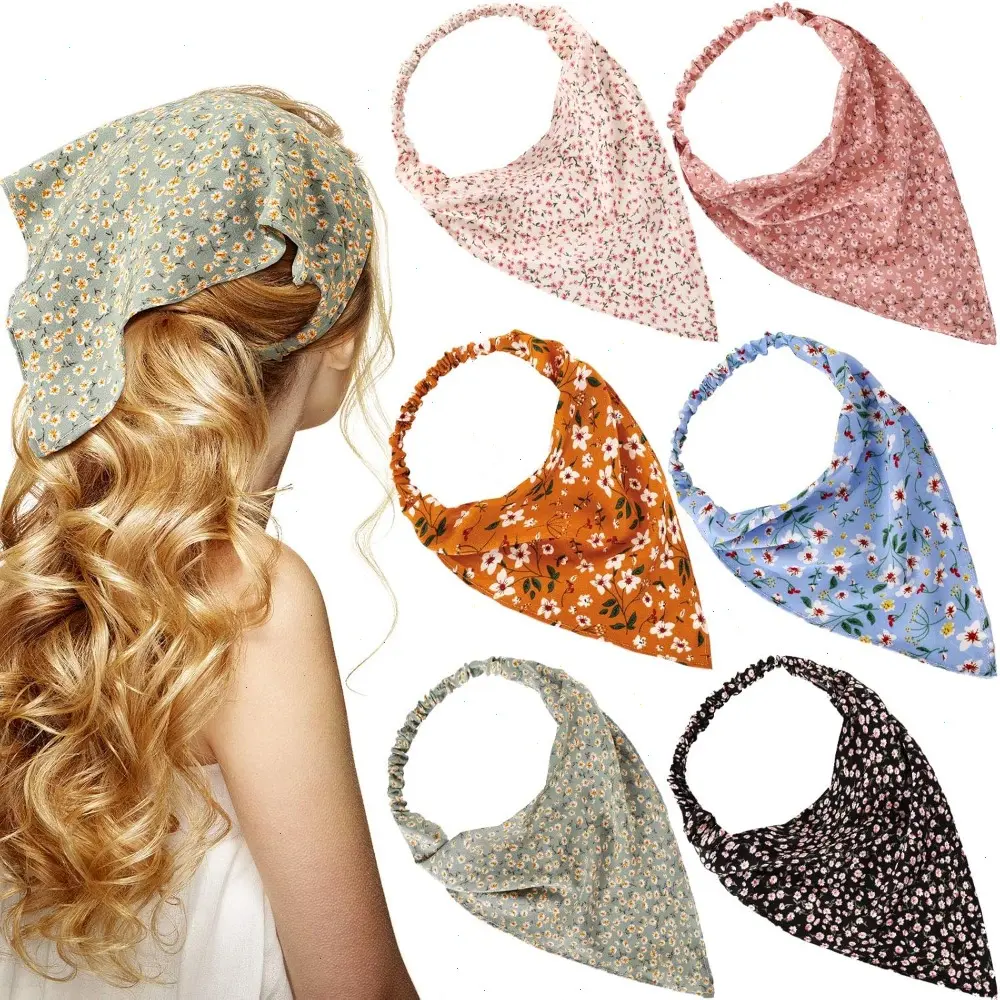 6 Pcs Floral Bandanas for Women Girl Boho Daisy Hair Scarf Headband with Clip Chiffon Summer Cottagecore Head Kerchief