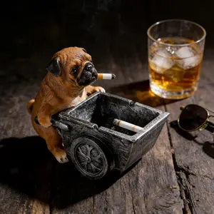 Cute Pug Dog Ashtray Resin Statue  Funny Puppy Figurine Pushing Cart - Unique Animal Tabletop Ornament & Home Decor - Cool Gift for Dog Lovers & Men