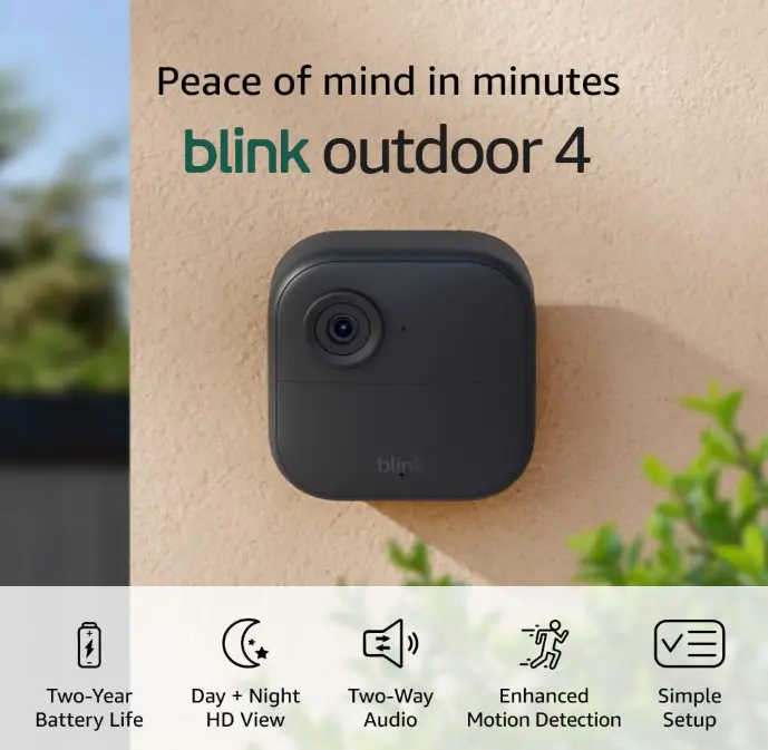 Blink Outdoor 4 – Wireless smart security camera, two-year battery life, 1080p HD day and infrared night live view, two-way talk. Sync Module Core included – 1 camera system