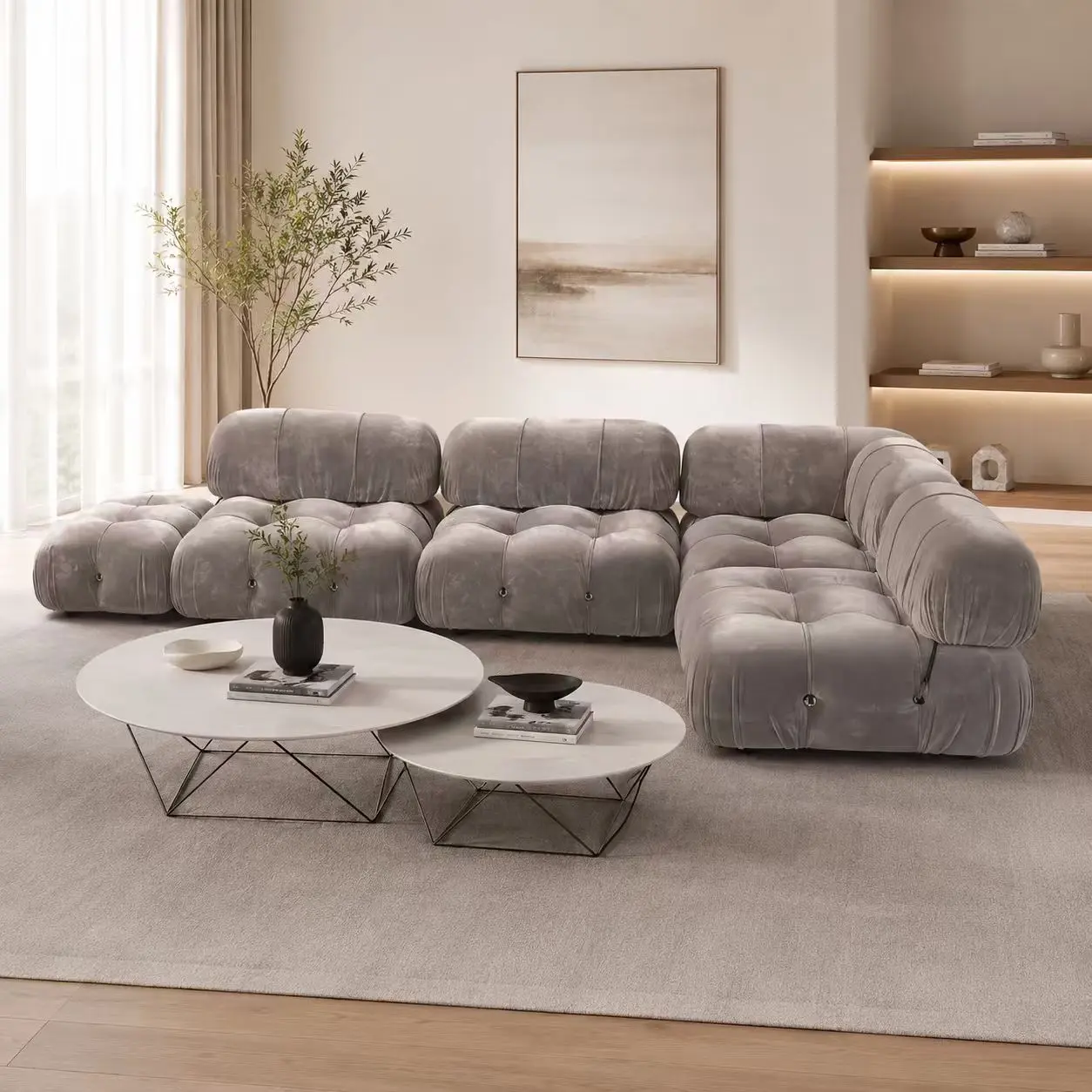 Modern Grey Velvet Modular L-Shaped Sectional Sofa, Cloud Style Button Tufted Upholstered Couch for Living Room