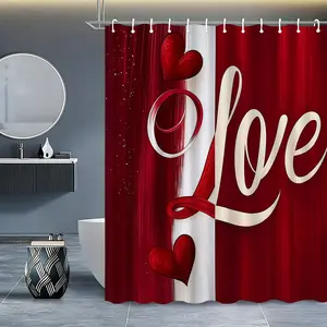 Romantic Love Theme Shower Curtain Set, Bathroom Shower Equipment, Valentine's Day Couple Bath Decor, Sweet Atmosphere Bathroom Decoration, New Wedding Gift