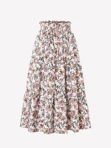 Women's Floral Print A-Line Skirt, Elastic Waist, Pleated Hem, Elegant Dress, Vintage Style, Loose-Fitting, Long Skirt, Polyester Fabric