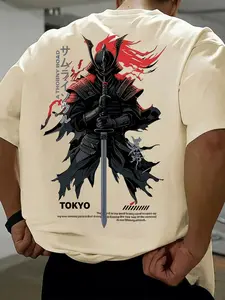 Upgrade Your Streetwear, Oversized Tokyo Samurai Print T-Shirt, Bold Warrior Pattern, Japanese Elements, Casual Fitted Style