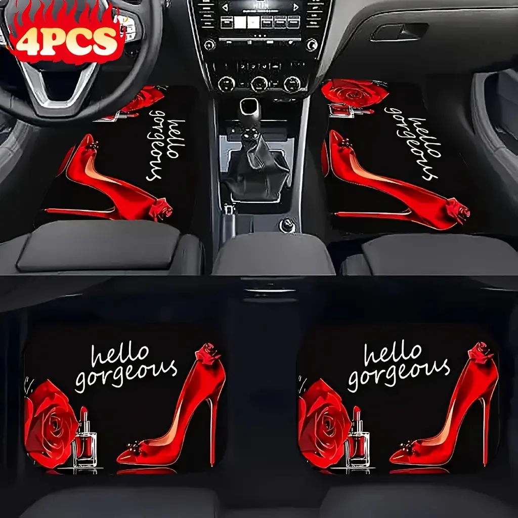 4pcs Red High-Heel & Rose Print Car Floor Mats - Polyester, Stylish Auto Mat for Sedans & SUVs, Perfect Gift, Universal Front & Rear Fit, Car Interior Accessory, Girly Car Accessories, Car Accessories Women, Automotive Mats