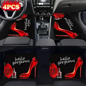4pcs Elegant Red High-Heel & Rose Print Car Floor Mats - Polyester, Stylish Decorative Auto Mat for Sedans & SUVs | Perfect Gift, Universal Front & Rear Fit, Car Interior Accessory, Luxury Car Mat | Elegant Mat Design | Durable Polyester Mat