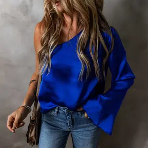 Dark Blue Asymmetric One Shoulder Bell Sleeve Satin Blouse