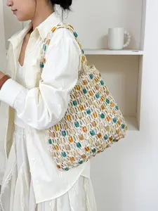 Handmade Beaded Hollow Out Tote Bag, 2026 New Luxury Handcrafted Colorful Stone Imitation Bead Hemp Rope Large Capacity Beach Bag