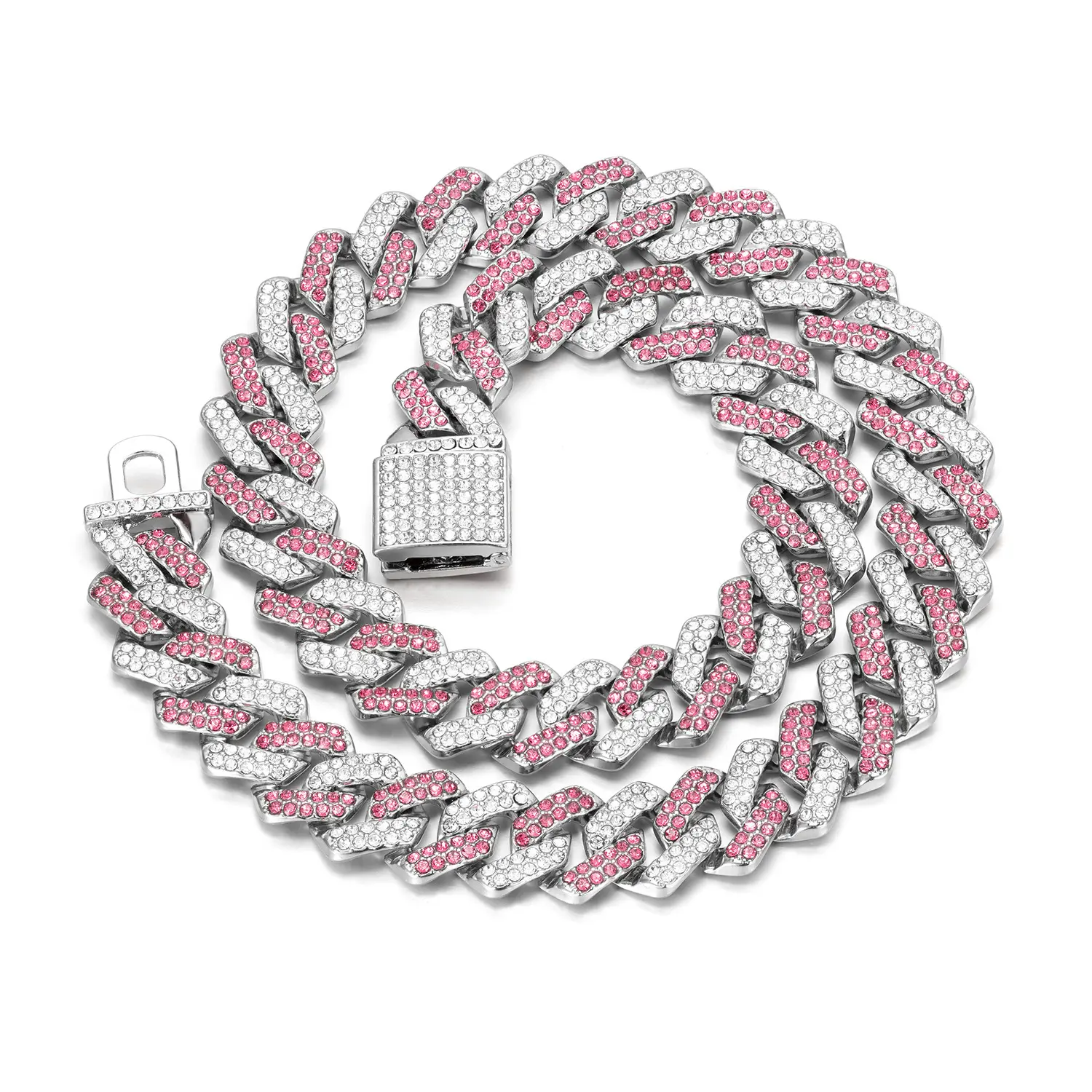 14MM Trendy Pink Rhinestone Prong Cuban Link Chain Necklace, Iced Out AAA Chunky Chain Jewelry, Hip-Hop Fashion Accessory Gift for Men Casual Style, Chain Necklaces