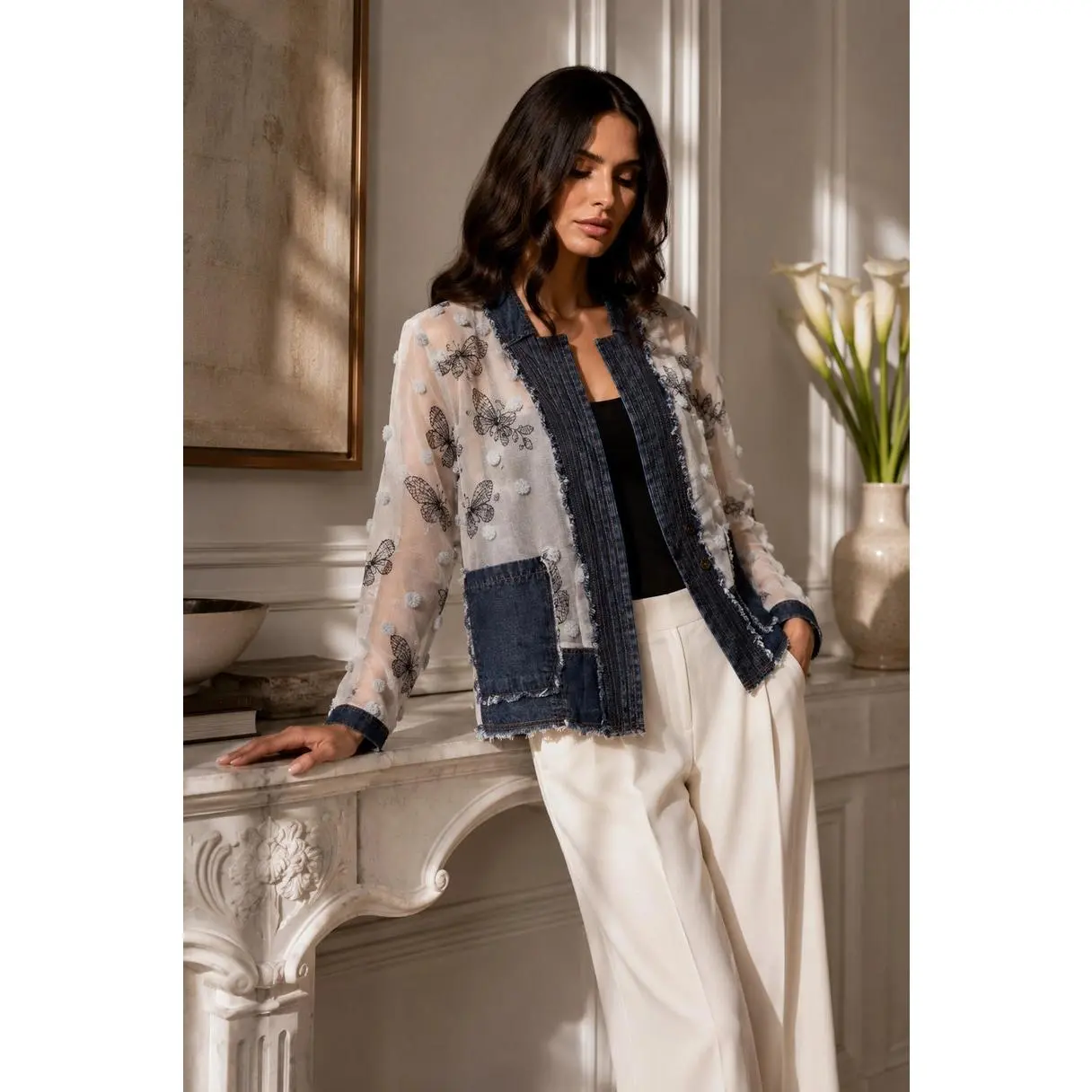 Adore Chiffon Embroidered Butterfly Jacket with Denim Trim