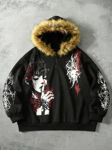 Gothic Anime Style Half-Zip Hoodie with Faux Fur Collar, Base with and Anime Characters, Perfect for Streetwear & Dark Anime Events