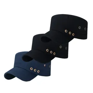 Men’s vintage flat-top military cap with studded decoration, solid black, adjustable, casual outdoor sun protection, military-style baseball cap