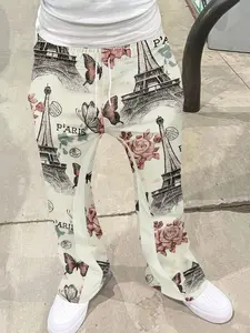 Men's Casual Flared Trousers, Street Fashion Print Wide Leg Pants, Slim Fit Elastic Waist, Summer Fall Daily Wear, Unique Pattern Design, Streetwear