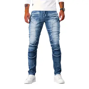 Men's Vintage Washed Style Straight-Leg Trousers with Multi-Patch Design, Featuring Back Pockets, Suitable for All Seasons