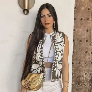 VVZ Women's Embroidered Vest Sleeveless Open Front Waistcoat Casual Layering Top