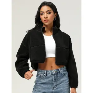 Women's Solid Zip Up Drawstring Pocket Funnel Neck Sports Jacket, Casual Long Sleeve Plush Fleece Outerwear for Spring & Fall, Ladies Sportswear for Indoor Outdoor Wear