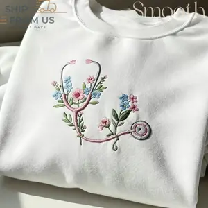 Floral Stethoscope Embroidered T-Shirt Sweatshirt Hoodie, Nurse Life Apparel, Minimalist Medical Worker Gift, Nursing Student Graduation Shirt, Healthcare Aesthetic Clothing, Unisex Cozy Embroidery Top