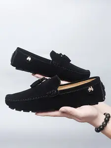 Unisex Soft Rubber Sole Suede Penny Loafers, Fringe Design, Slip-On Comfortable Flat Walking Casual Shoes, Beanies Style, Durable Fashion, Sizes 38-48