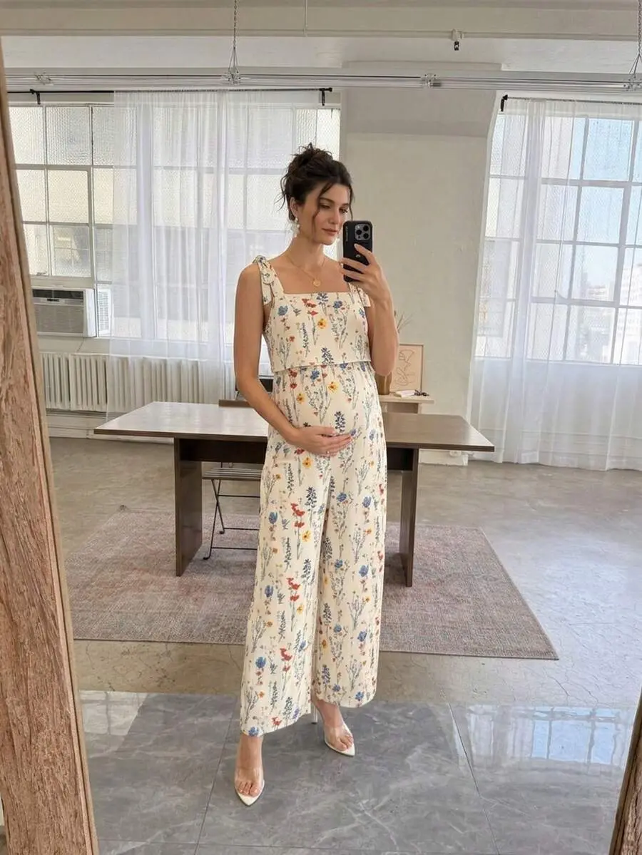 AVENO Adjustable Length Maternity Casual Floral Jumpsuit,Summer Boho Babyshower Blue Butterfly Holiday Maxi Dress For Pregnant Women