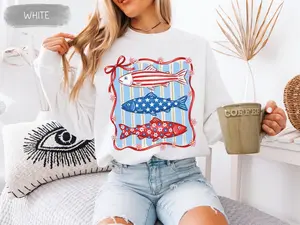 Patriotic Fish Sweatshirt 4th of July Fishing Sweater American Flag Fish Crewneck USA Trout Fish Jumper Red White Blue Fisherman Gift
