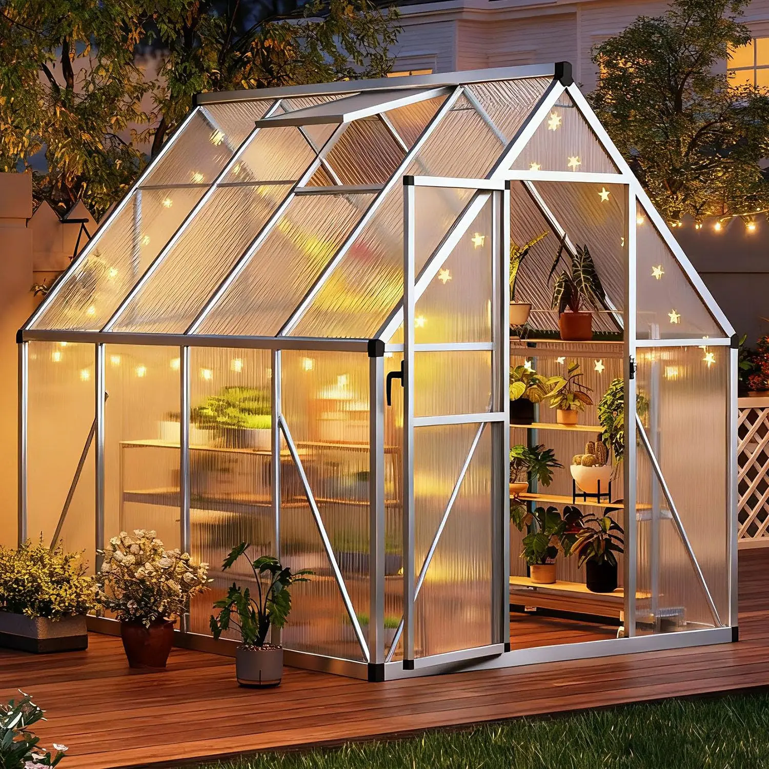 Garvee 6x7 FT Outdoor Greenhouse with Roof Vent, Heavy Duty Aluminum Polycarbonate Greenhouses, Easy Assembly, Lockable Door, Large Walk-in Greenhouse for Patio, Backyard, Garden