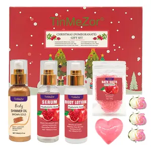 TinMeZor Pomegranate Skin Care Set Skincare Gift With Body Shimmer Oil Serum Lotion Sea Salt Soap Flower Christmas Bath Gift for Women