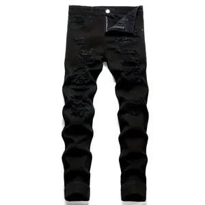 Men's distressed black jeans-casual streetwear, non-stretch denim with ripped detail, machine washable