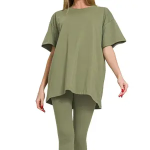 Olive Green Cotton Lounge Set – Oversized Tunic Top & Leggings 2-Piece Outfit for Women