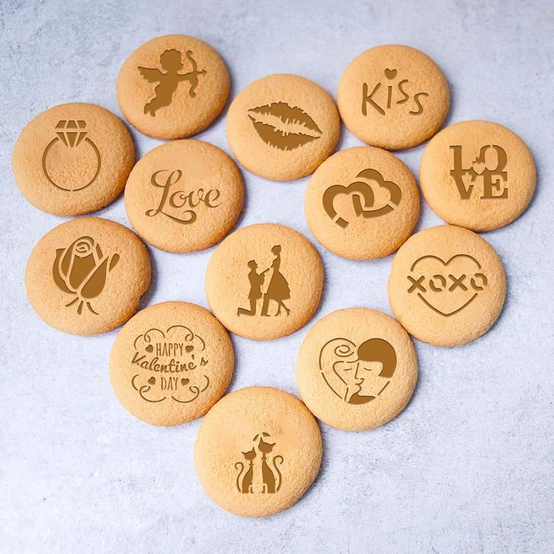 20Pack Valentine's Day Cake Stencil Templates Decoration, Reusable Valentine's Day Cake Cookies Baking Painting Mold Tools, Dessert, Coffee Decorating Molds Cappuccino Mousse Hot Chocolate