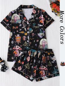 cartoon pattern women's pajama set, elegant short sleeve button-up top & comfortable loose shorts, casual all seasons sleepwear, womenswear