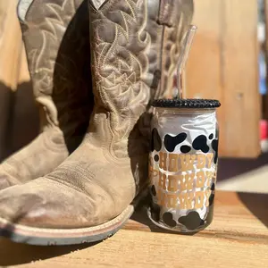 Country Smiley Face Glass Beer Libbey Can Cup | Howdy | Mom | Mother | Cow Print | Rhinestones | Western | Cowboy | Gowgirl | Gift