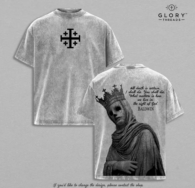 Men's Shortsleeve Washed Baldwin IV The Leper King Crusader King of Jerusalem Tee - Menswear Casual Medieval Christian Gothic Faith Streetwear with Jerusalem Cross