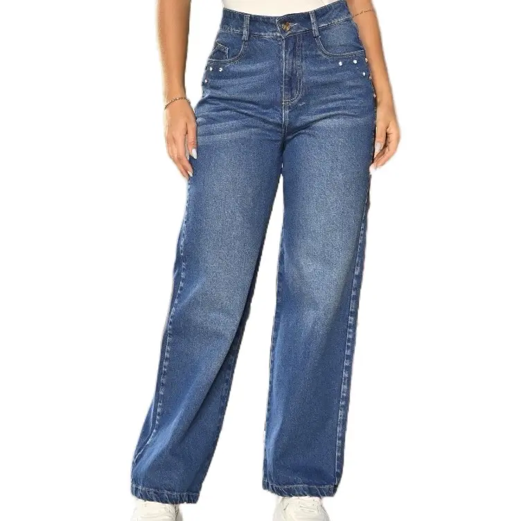 Wide Leg Denim Jeans Indigo Rigid Ref 2040 High Waist Firm Fit Abdomen Molding Natural Glute Enhancement Premium Colombian Denim Versatile for Daily Use