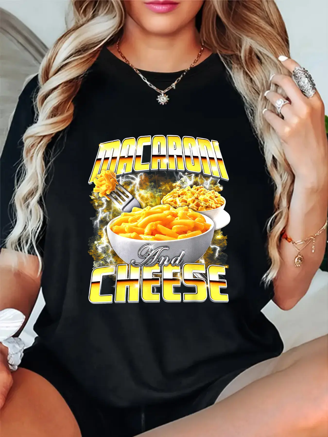 Women's 100% Cotton Cute Fit Round Neck Macaroni Cheese Graphic Print T-Shirt - Soft Breathable Fabric, Everyday Casual Style, Love, Vibe, Short, All Seasons, Digital Print, Crew Neck, Custom-Made, Party, Loose-Fitting, Lady, Streetwear, Tee, Top