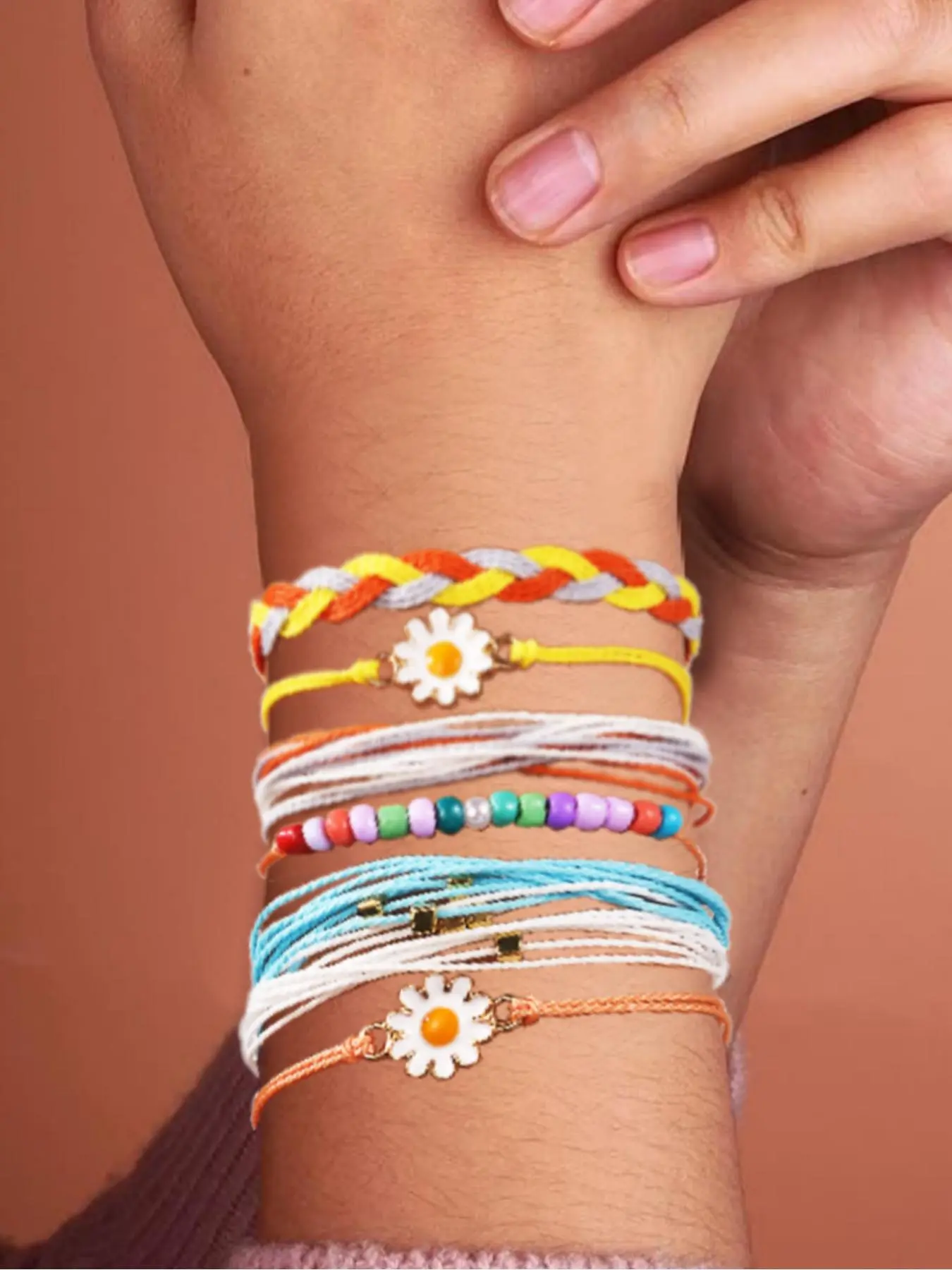 Boho Style Stackable Bracelet Set, 6 Counts Sunflower & Beads Decor Adjustable Bracelets, Fashionable Jewelry for Women & Men, Trendy All-match & Exquisite Jewelry for Birthday Gift
