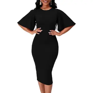 Womens Bodycon Ruffle Flared Short Sleeve Work Midi Dress Business Office Casual Pencil Dress