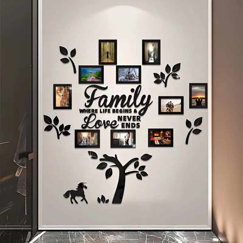 10pcs Irregular Acrylic Mirror Decorative Tiles Sticker Set, Self-Adhesive Removable Photo Frame with Golden Family Love Tree Design, Contemporary Wall Art for Living Room & Home Office
