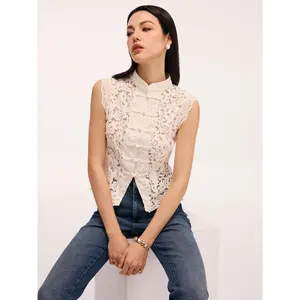 Lace Mandarin Collar Pearl Button Sleeveless Top