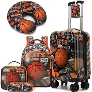 The Ultimate Travel Gift for Boys!  Cool Basketball 6PCS Luggage Set | Hardshell Carry-On Suitcase & Matching School Backpack | Perfect for Kids Vacation & Sports Camp
