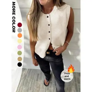 Women's solid color button up sweatshirt vest, casual soft fabric sleeveless round neck knitted top, suitable for spring and autumn wear, fashionable women's knitted shirt, suitable for daily wearRAIMENTRY