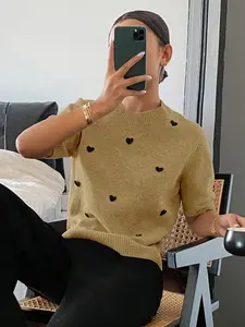 Women's Spring Summer Knitted Pullover Sweater, Fitted, Heart Pattern, Valentine's Day Style, Casual Fashion Top, Comfortable and Stylish