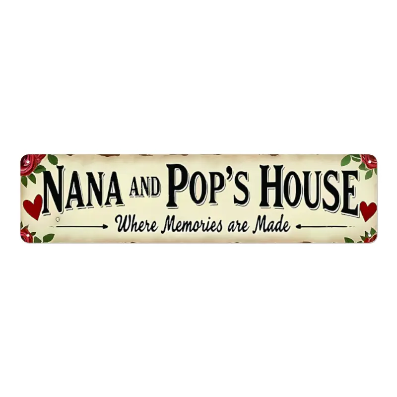 "Nana & Pop's House – Where Memories Are Made" Vintage Metal Sign | 4x16 Inch Rustic Wall Decor for Home, Porch, Family Room & Grandparents' Gift |  Pre-Drilled Holes for Easy Hanging