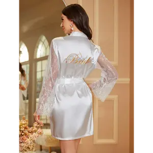 1pc Elegant Satin Bridal Robe - All-Season Long Sleeve Dressing Gown with Embroidered 'Bride' Detail, Deep V Neck, Contrast Lace, and Belt for Women